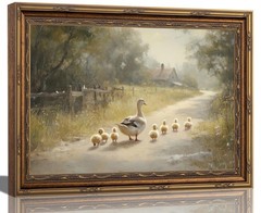 3D Textured Canvas Wall Art Vintage Carved Gold Frame Duck With Ducklings Cou…