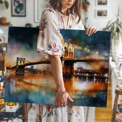 Abstract Brooklyn Bridge cityscape canvas wall art modern urban night print