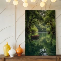 Serene River Landscape Canvas Art With Wooden Boat And Lush Green Trees Print
