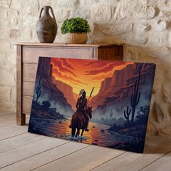 Native American Warrior on Horseback Canvas Wall Art Desert Sunset Print Decor