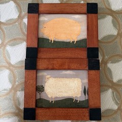 Fayre Cooper Farmhouse Folk Art Wood Primitive Animal Print Pig Sheep Cottage