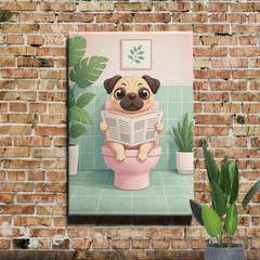 Pug Reading Newspaper Canvas Art Funny Pink Toilet With Tropical Style