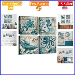 12x12in 4-Paneled Canvas Wall Art Ocean Beach Decor for Bathroom, Living Room