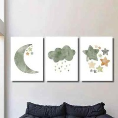 3pcs Light Green Illustration Stars and Moon Wall Art Canvas Framed 50x70cm