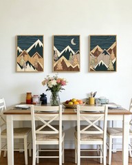 Morden Mountains Framed Wall Art Boho Woodcut Pine Tree Forest Nature Landsca…