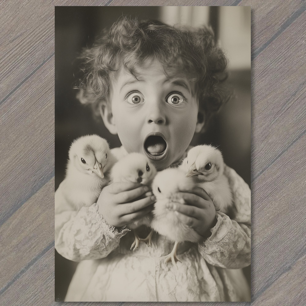 Art Print Scared Child Holding Easter Chicks Distressed Retro Style Funny Girl