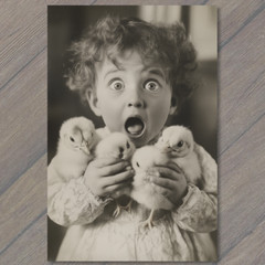 Art Print Scared Child Holding Easter Chicks Distressed Retro Style Funny Girl