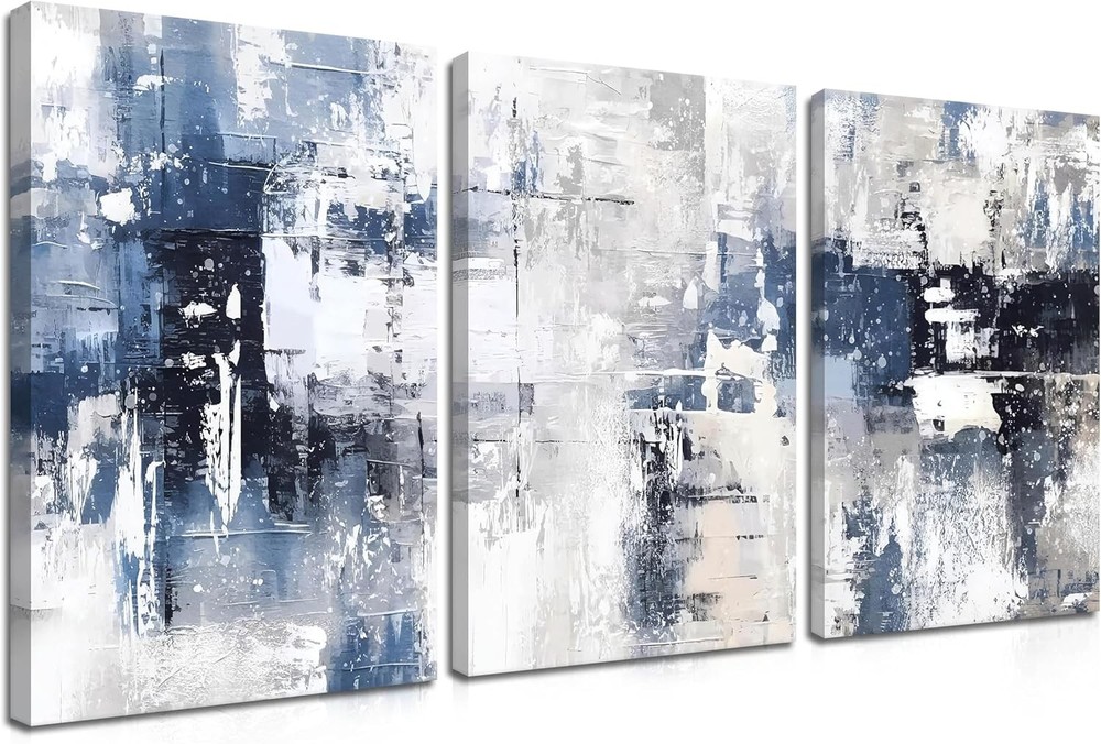 Abstract Blue and White Wall Art Set of 3, Modern Simple Navy Framed Canvas P…