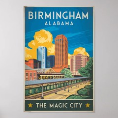 Birmingham Alabama Travel Art Vintage Poster Retro City Wall Decor Travel Print