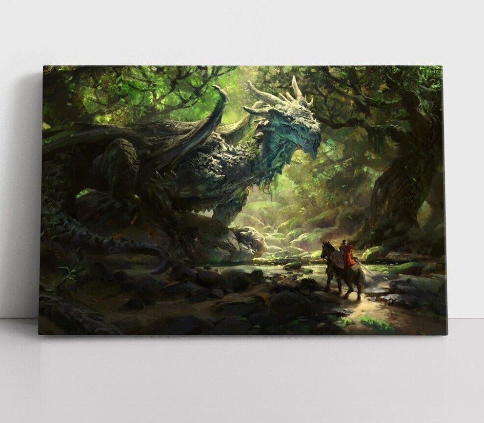 Green Dragon & Knight Painting Print on Canvas | Fantasy Storybook Bedroom Art