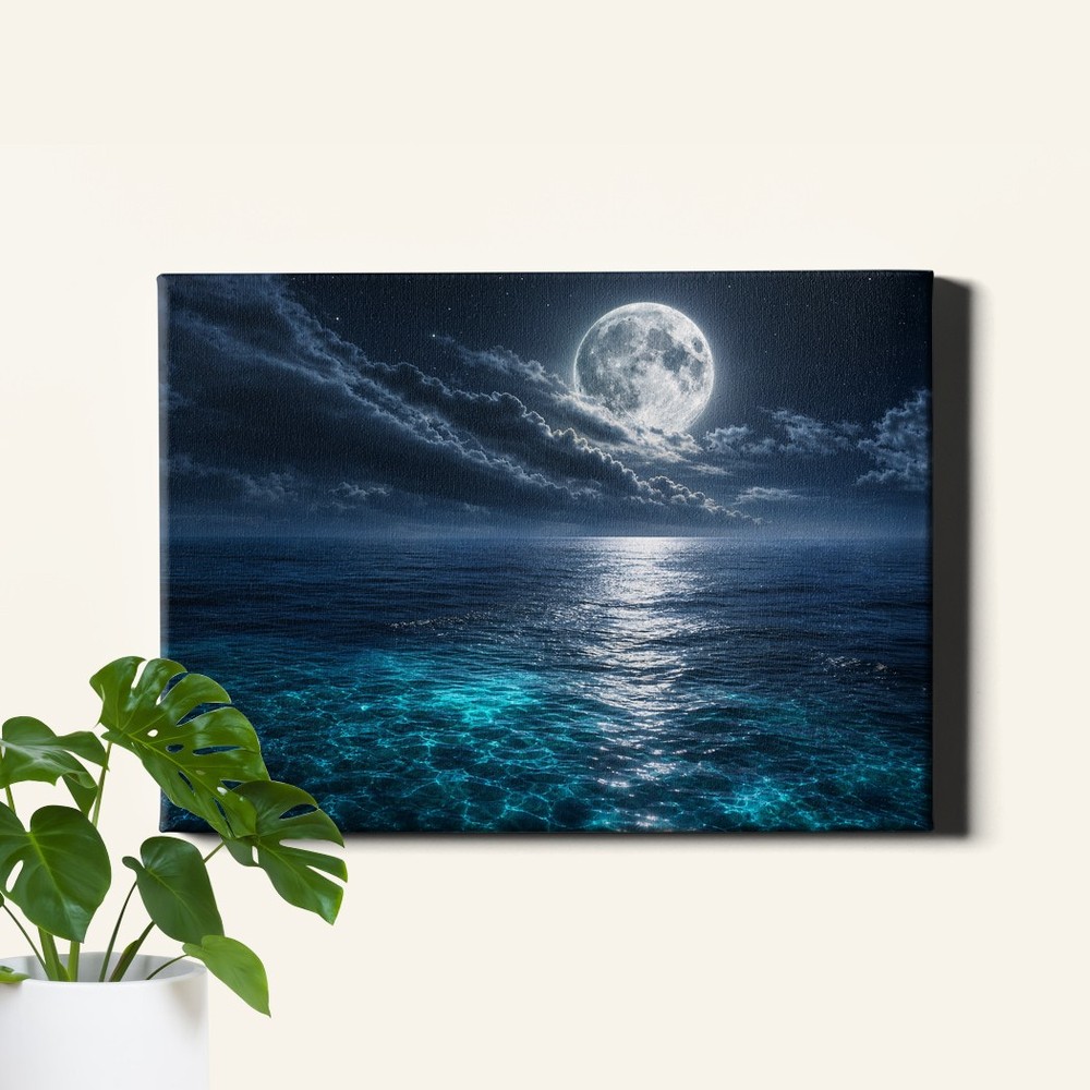 Full Moon Ocean Canvas Print Night Seascape Calm Waves Landscape