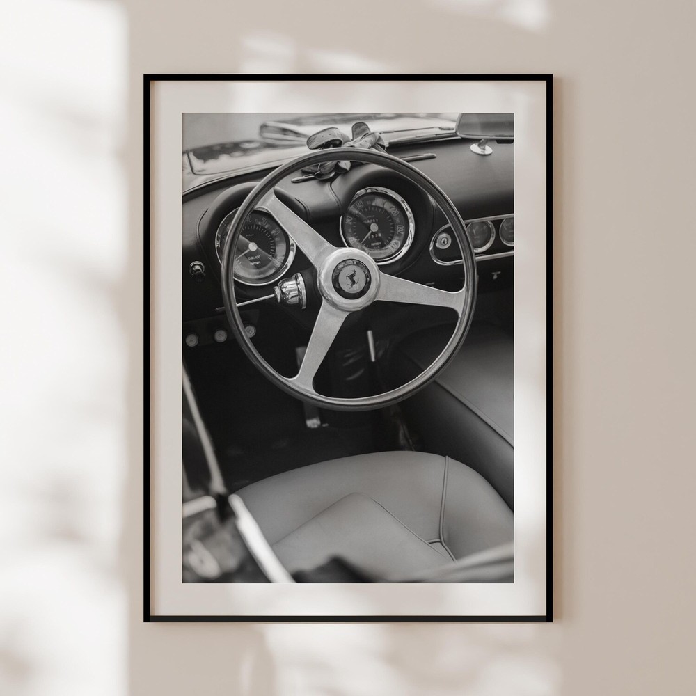 Retro Ferrari Poster – Vintage Black & White Classic Car Wall Art