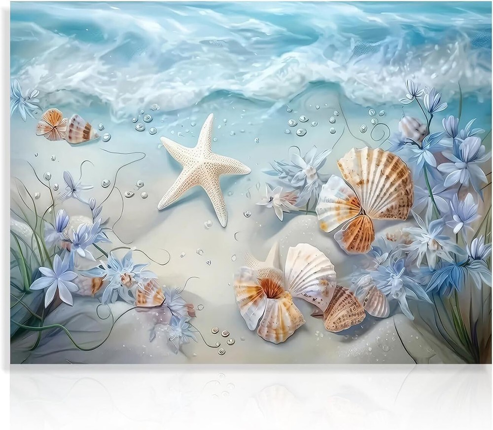 Ocean Waves Canvas Wall Art Sea Shells and Starfish Picture Coastal Beach Print