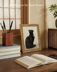 Vintage Gold Framed Wall Art, Black Cat Oil Painting Style Artwork, Animal Po…