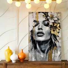 Wall Art Abstract Woman Face Floral Canvas Print Black White Gold Modern Decor
