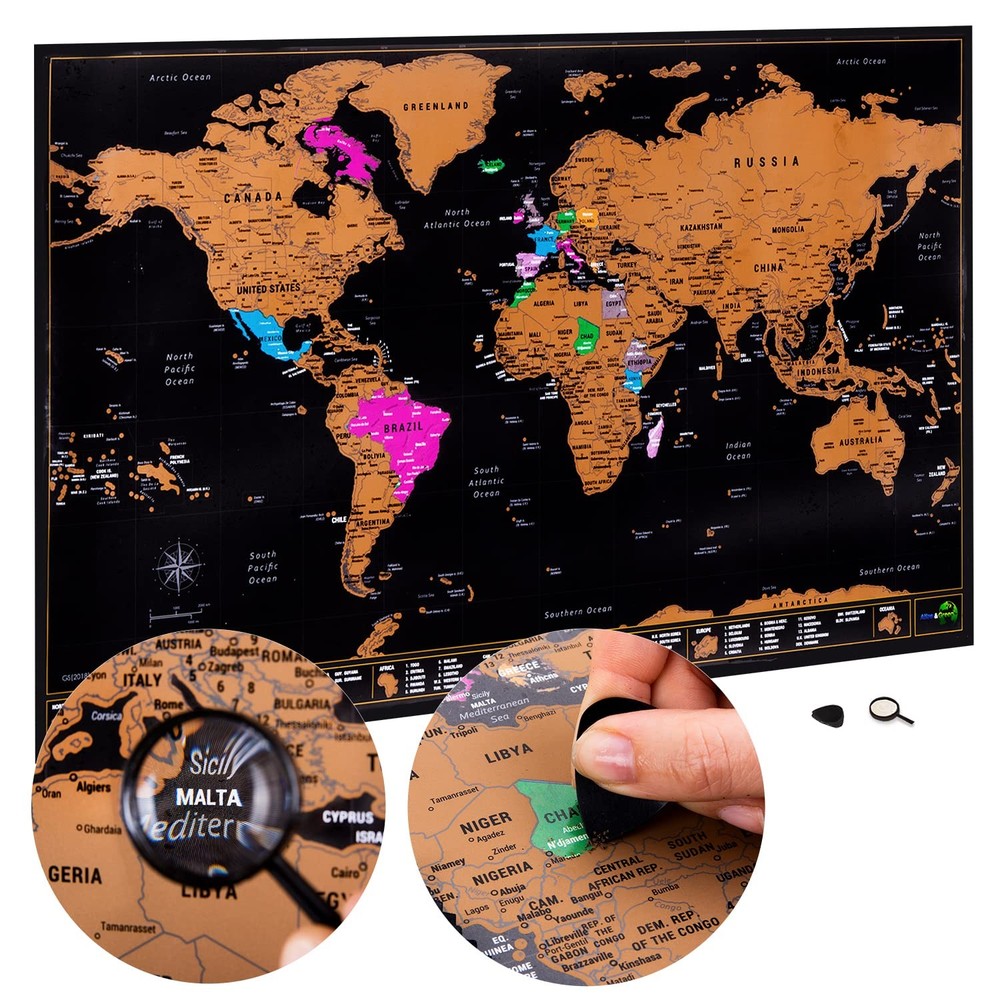 Scratch Off World Map 28×16.5 Travel Poster USA States Large Wall Map Gift Kit