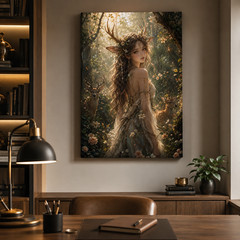 Deer Girl Canvas Wall Art Fantasy Forest Antler Woman Cottagecore Boho Home Deco