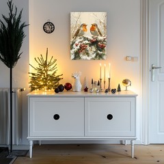 Winter Robin Birds with Berries Canvas Wall Art, Christmas Home Decor
