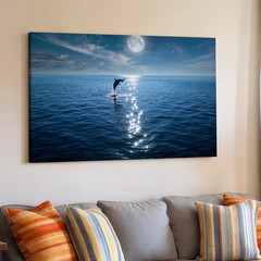 Wall Art Serene Night Scene Featuring A Dolphin Gracefully Leaping Out Of Calm