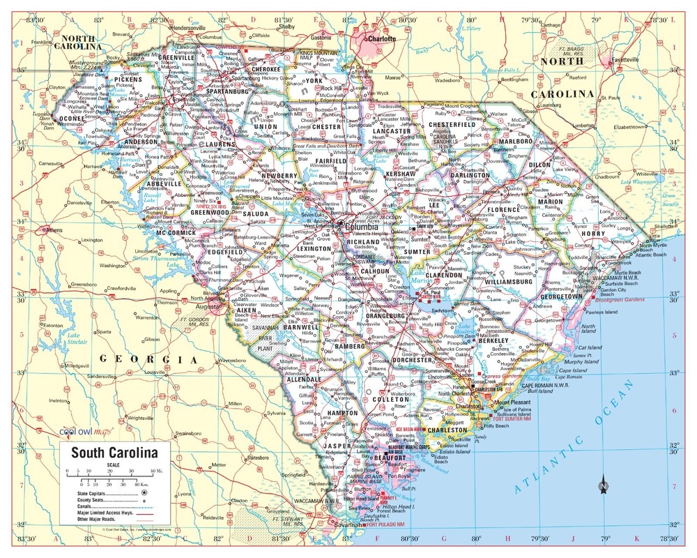 South Carolina State Wall Map Large Print Poster – 30″Wx24″H