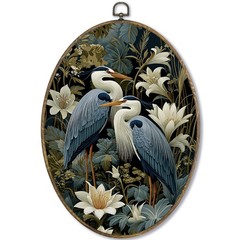 Vintage Blue Heron Couple Oval Wall Art Decor Framed, Japandi Japanese Crane …