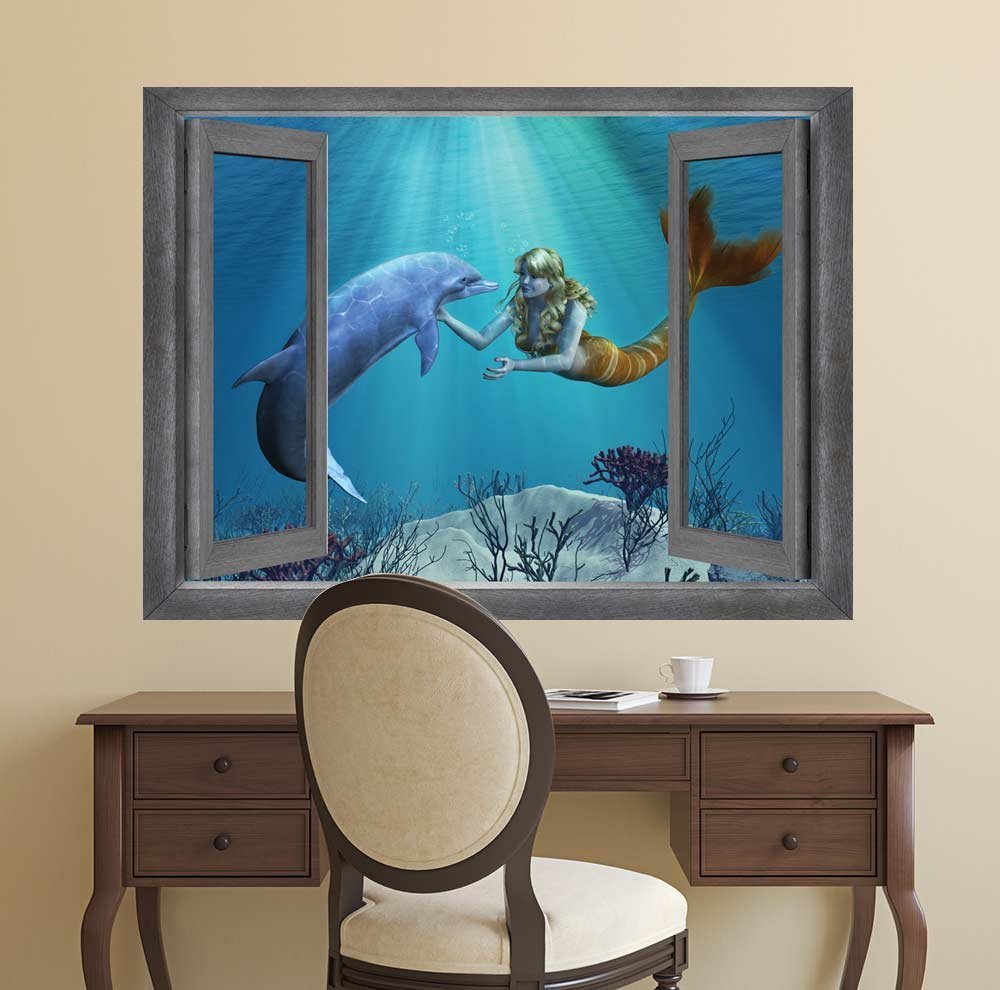 Beautiful Drawing of a Mermaid and Dolphin Interaction- Wall Mural- 24×32 inches