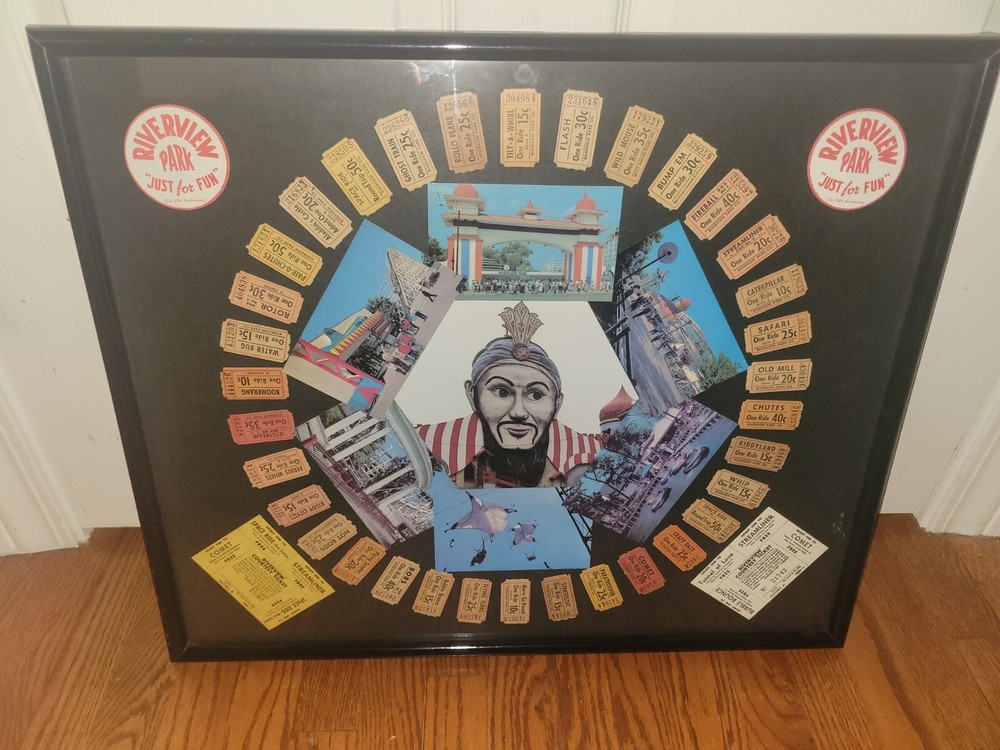 Vintage Riverview Amusement Park 25″x21″ Framed Picture Tickets 50th Anniversary