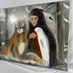 SIGNED Native American Girl And Lion Nature Painting On Ceramic Tile 16×12 in
