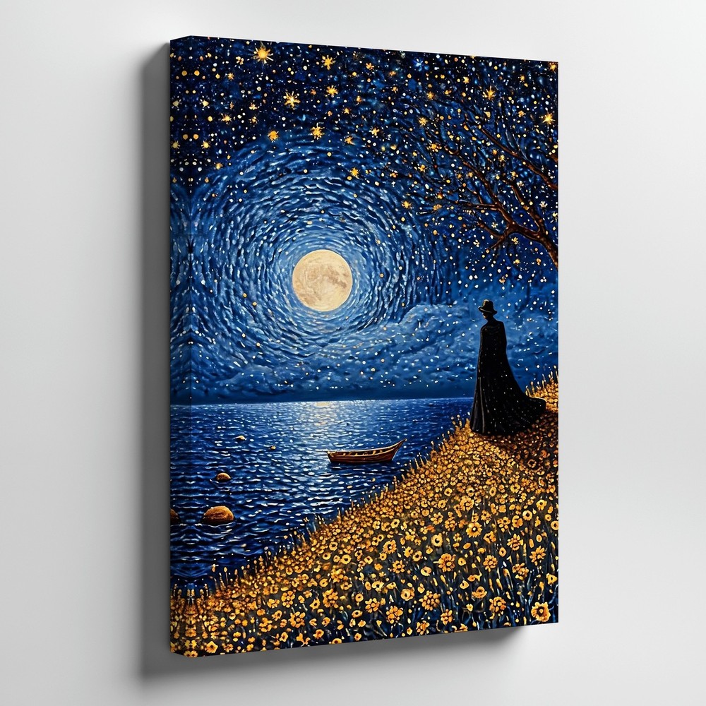 Starry Night Full Moon Ocean Canvas Wall Art With Silhouette And Flowers Home