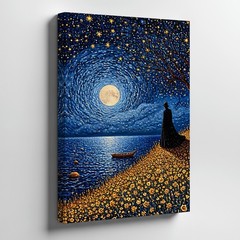 Starry Night Full Moon Ocean Canvas Wall Art With Silhouette And Flowers Home