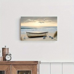 Coastal Beach Boat and Seagulls Canvas Wall Art, Nautical Home Decor