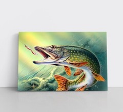 Northern Pike Fishing Painting Print on Framed Canvas Wall Art Fisherman Gift