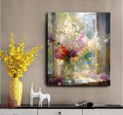 Colorful Flower Framed Canvas Wall Art, Watercolor Floral Bathroom Wall Decor