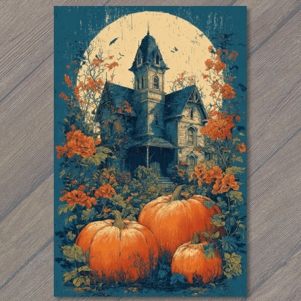Art Print Haunted Mansion Garden Pumpkins Full Moon Halloween Night