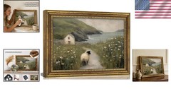 Rustic Coastal Sheep Oil Painting in Vintage Gold Frame – Farmhouse Wall Decor