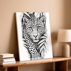 Wall Art Leopard Jungle Line Drawing Black White Wildlife Animal Print Decor