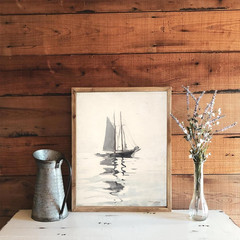 Vintage Coastal Sailboat Wall Art Prints, Neutral Nautical Wall Decor Lake Sea W