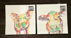 New Set of 2 Colorful Farm Animal Prints Posters Cow Pig 16 x 16 SALE!