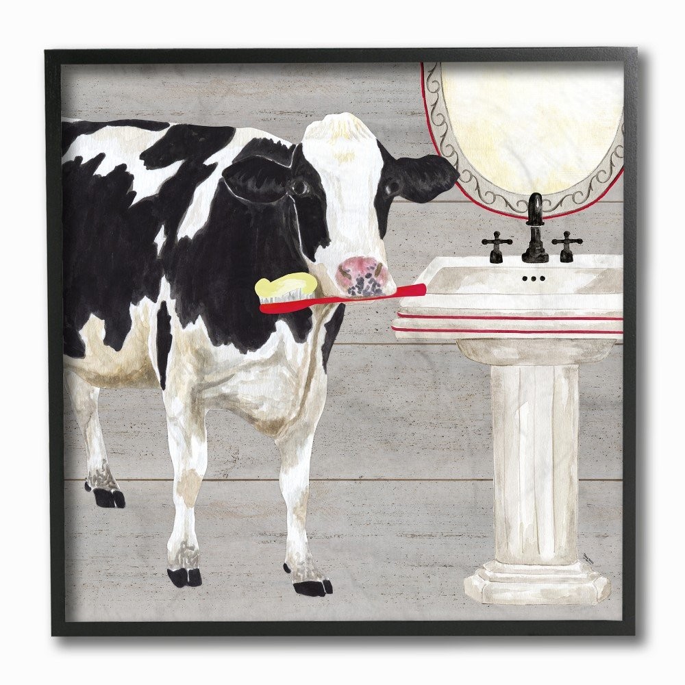 ‘Bath Time For Cows at Sink Red Black and’| Framed Giclee Art
