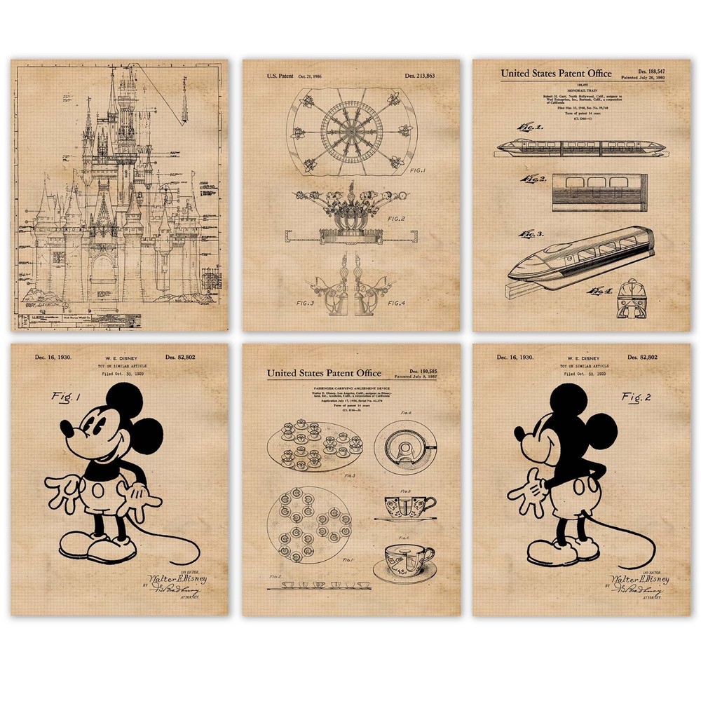 Classic Theme Park Rides V25 Patent Prints 6 (8×10) for Home Work Disney Office