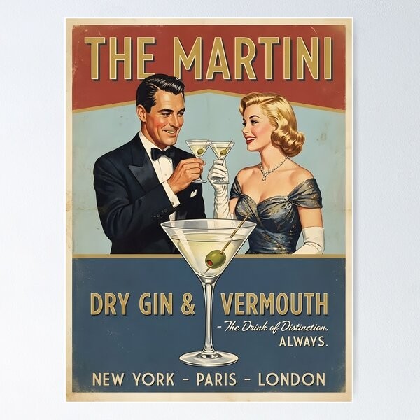 Vintage Martini Cocktail Poster Mid Century Bar Art Classic Gin Vermouth Poster