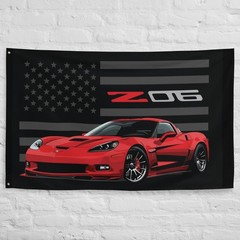 Z06 Wall Banner Flag – Black with Red C6 & American Flag – Garage Decor