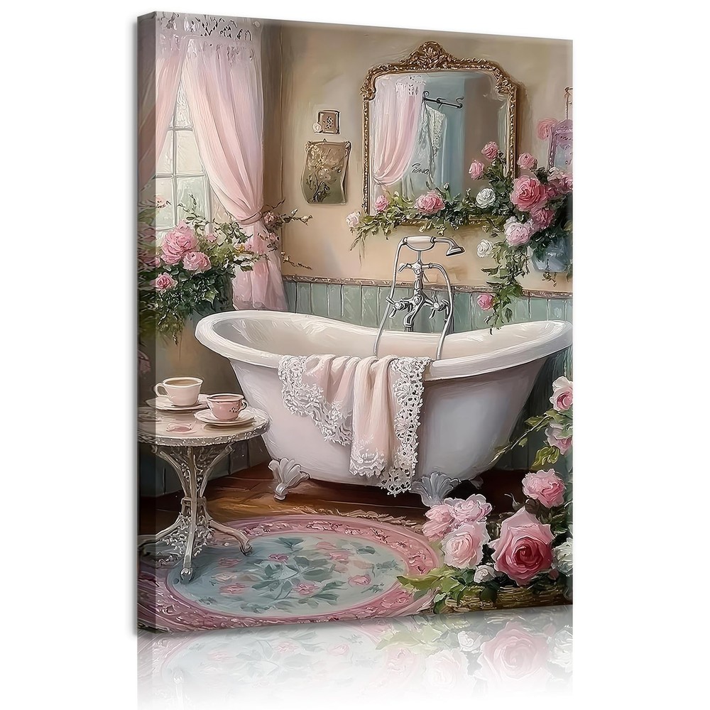 Pink Flowers Theme Bathroom Canvas Wall Art Vintage Bathtub Painting Pictures…