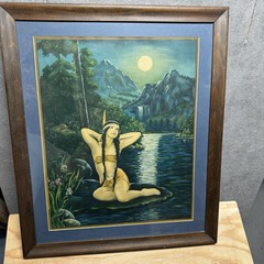 Vintage Framed Art Deco Print Native Maiden Moonlight Waterfall Wall Art