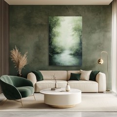 Misty Forest River Abstract Green Painting Print on Framed Canvas Wall Art Decor