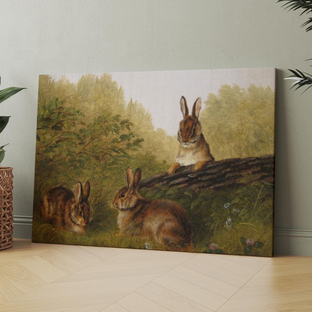Rabbit Family Bunnies Old Paintings Landscape Wildlife Canvas Wall Art Print