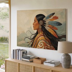 Native American Woman Profile Feather Headdress Modern Canvas Wall Art Print