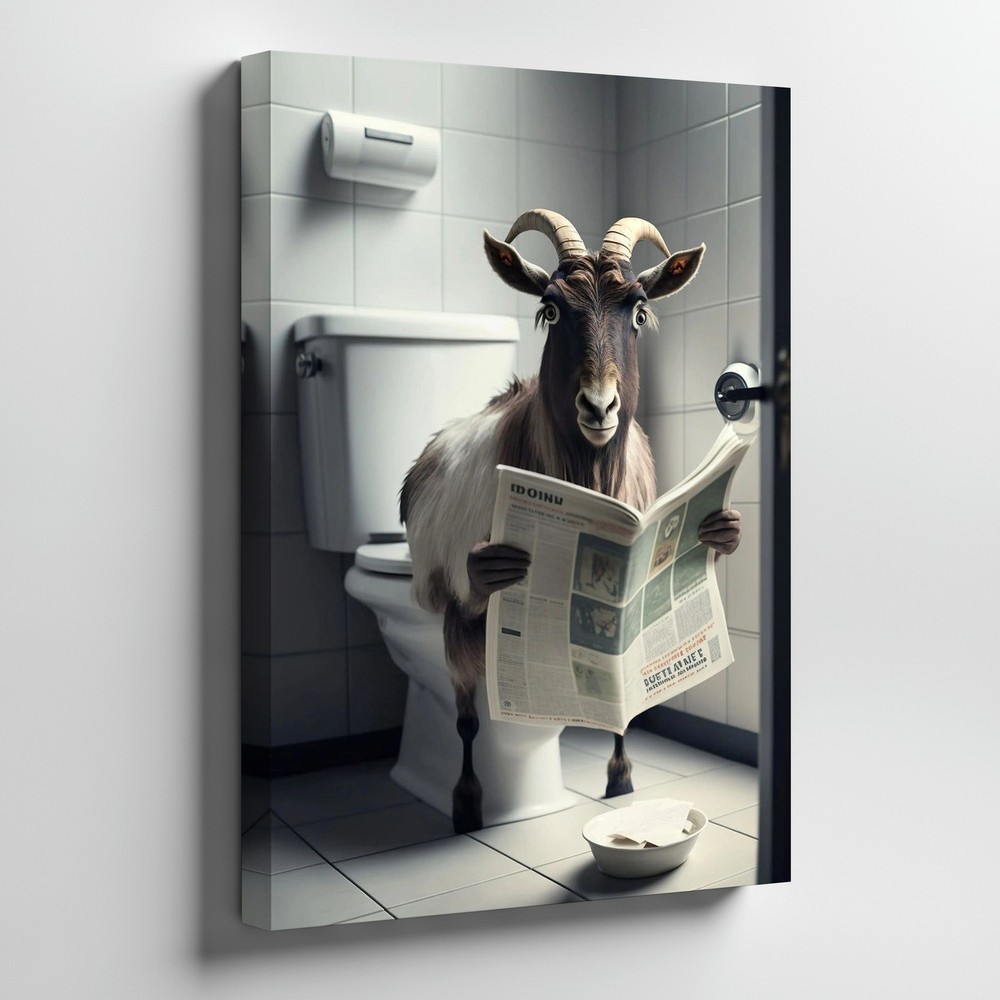 Funny Goat Reading Newspaper Bathroom Canvas Wall Art Animal Humor Decor Print