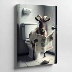 Funny Goat Reading Newspaper Bathroom Canvas Wall Art Animal Humor Decor Print