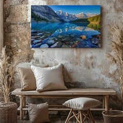 Mountain Lake Landscape Canvas Wall Art with Clear Water Reflection Nature Print